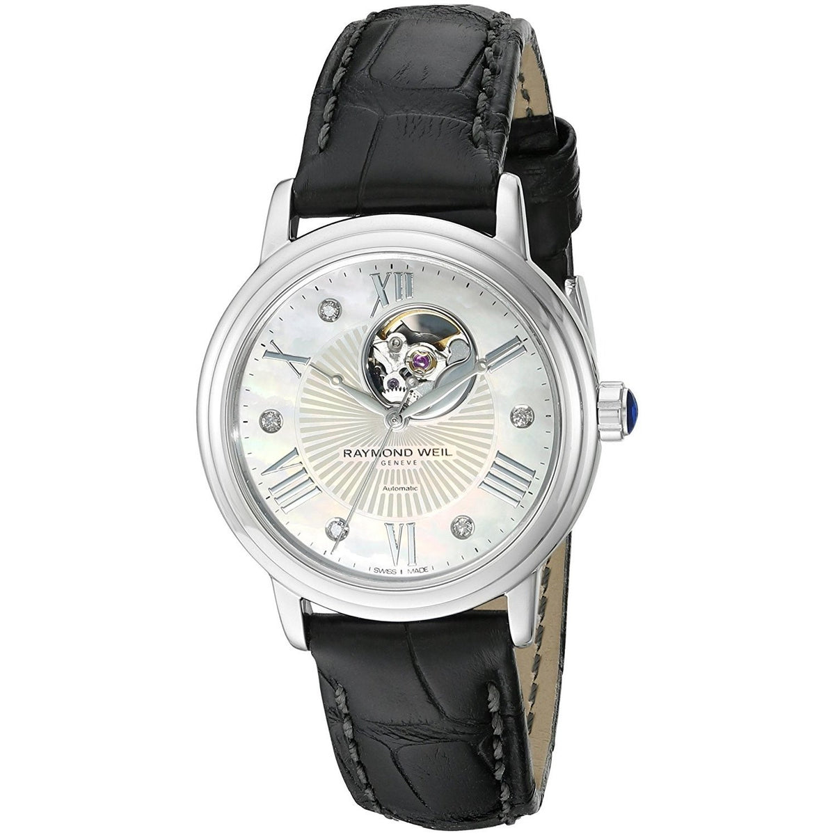 Raymond Weil Women&#39;s 2627-STC-00965 Maestro Open Balance Wheel Diamond Automatic Black Leather Watch