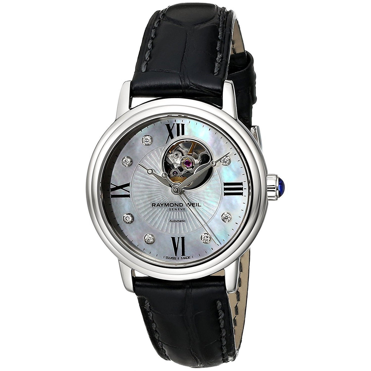 Raymond Weil Women&#39;s 2627-STC-00994 Maestro Diamond Automatic Black Leather Watch