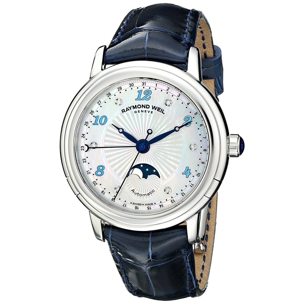 Raymond Weil Women&#39;s 2739-L3-05985 Maestro Automatic Moonphase Diamond Blue Leather Watch