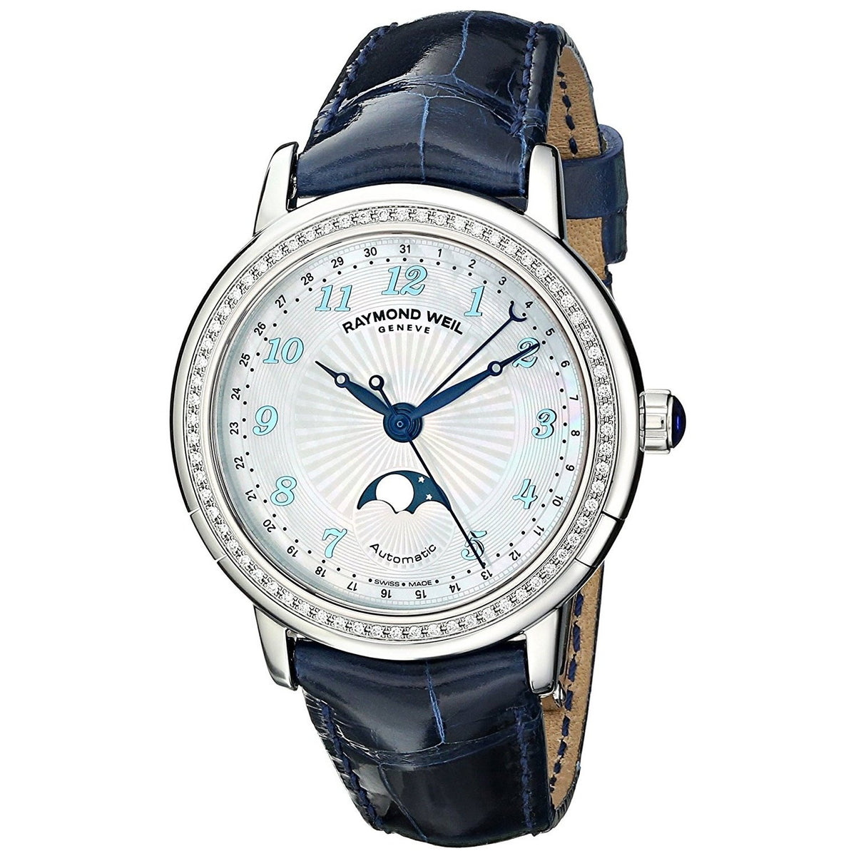 Raymond Weil Women&#39;s 2739-LS3-05909 Maestro Automatic Moonphase Diamond Blue Leather Watch