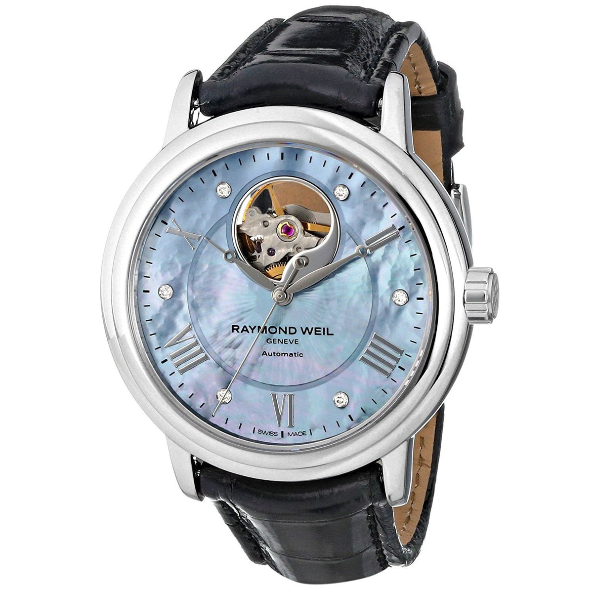 Raymond Weil Women&#39;s 2827-L1-00296 Maestro Diamond Automatic Black Leather Watch