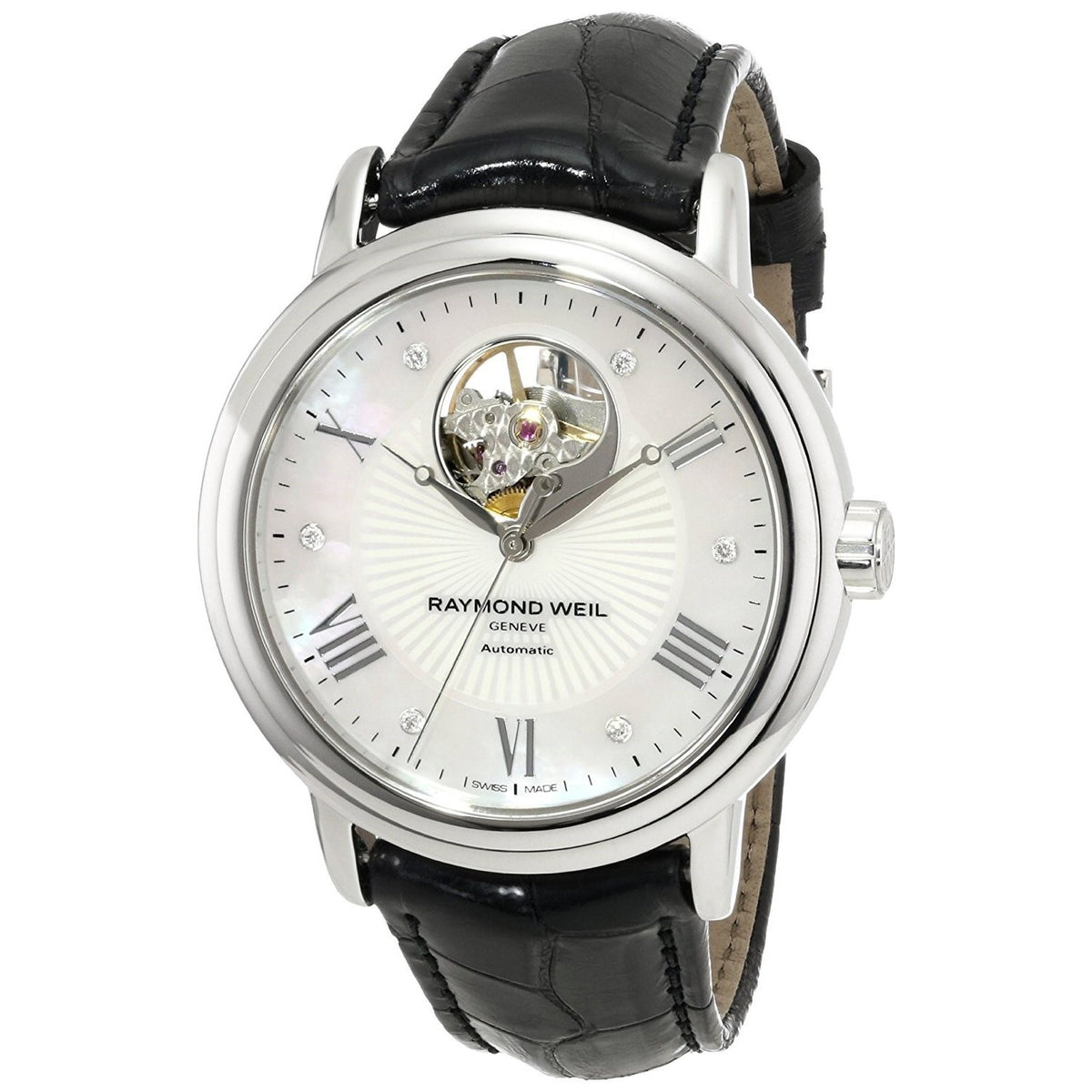 Raymond Weil Women&#39;s 2827-L1-00966 Maestro Diamond Automatic Black Leather Watch