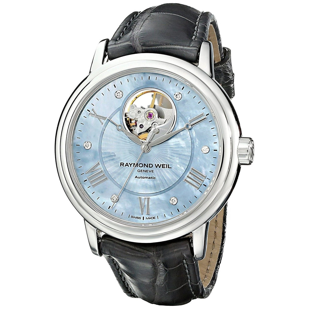 Raymond Weil Women&#39;s 2827-L2-00296 Maestro Diamond Automatic Black Leather Watch