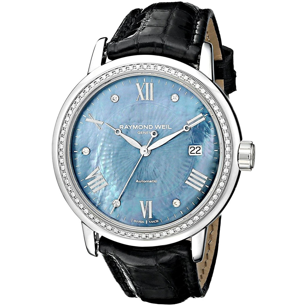 Raymond Weil Women&#39;s 2837-SLS-00296 Maestro Diamond Automatic Black Leather Watch