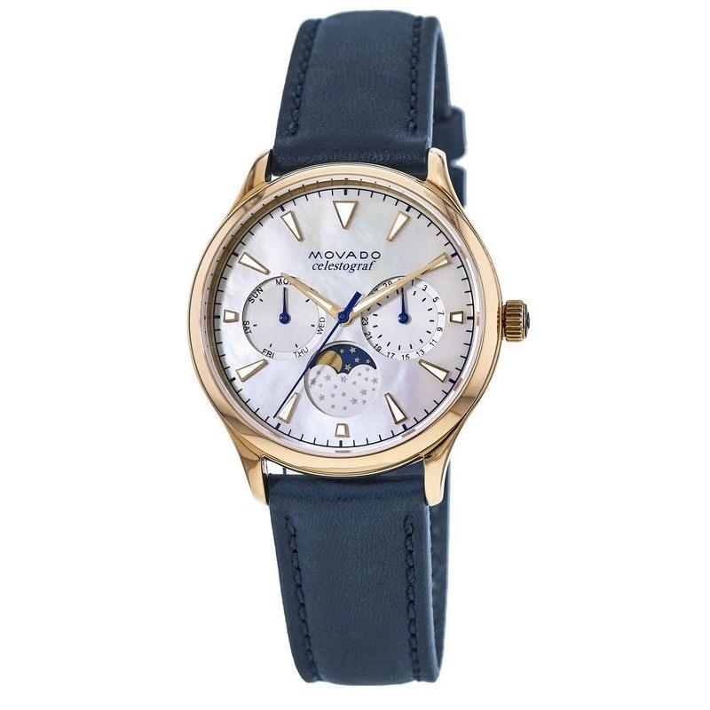Movado Women's 3650011 Heritage Moonphase Multi-Function Blue Leather Watch