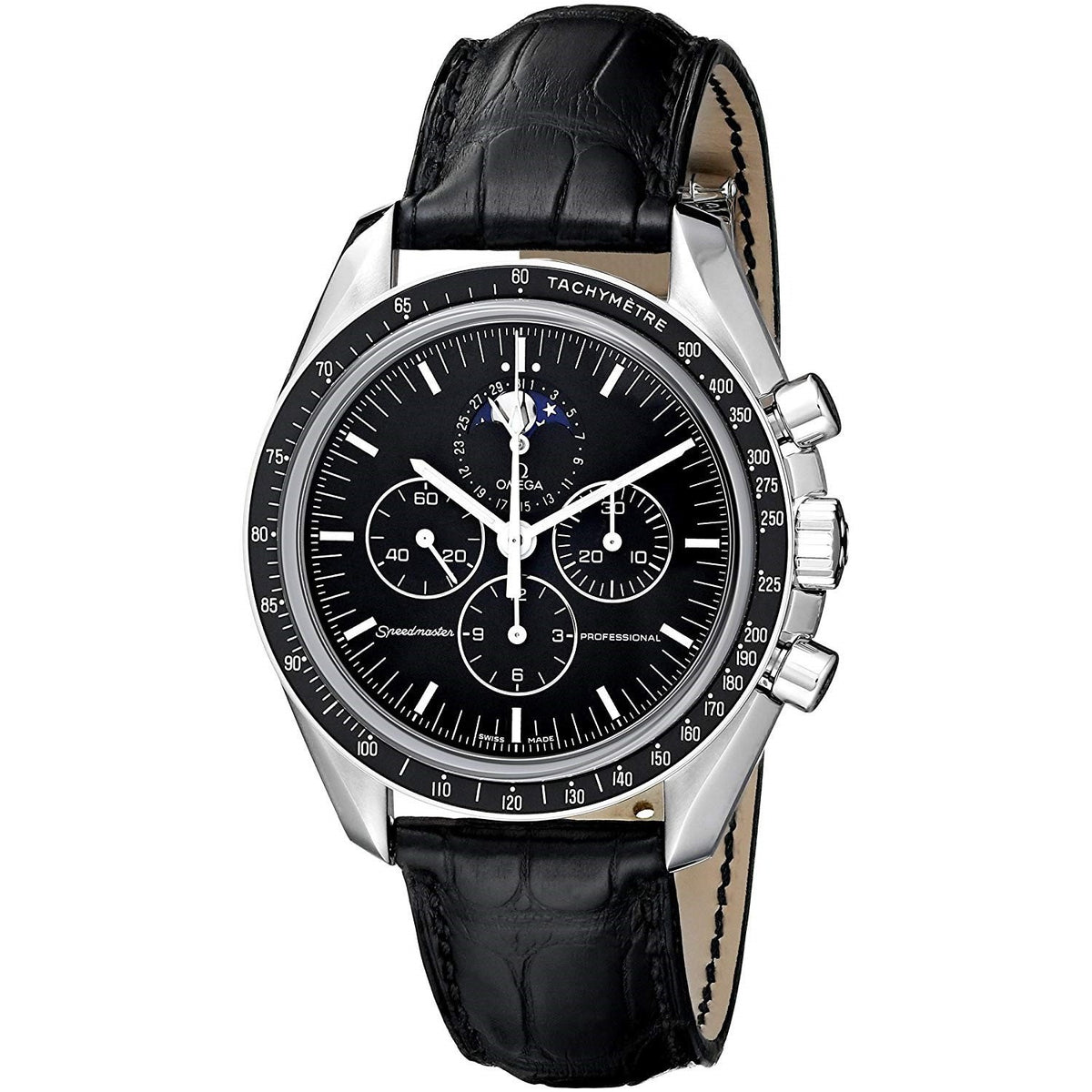 Omega Men&#39;s 3876.50.31 Speedmaster Chronograph Moonphase Hand Wind Black Leather Watch