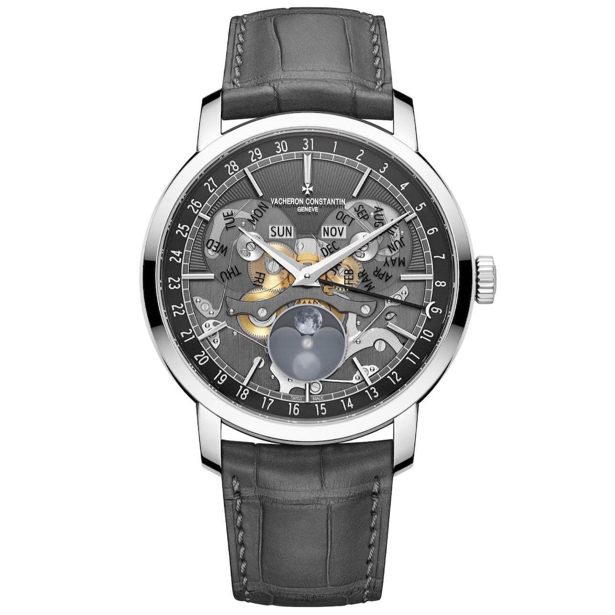 Vacheron Constantin Men's 4020T-000G-B655 Traditionnelle Complete Calendar Openface Grey Leather Watch