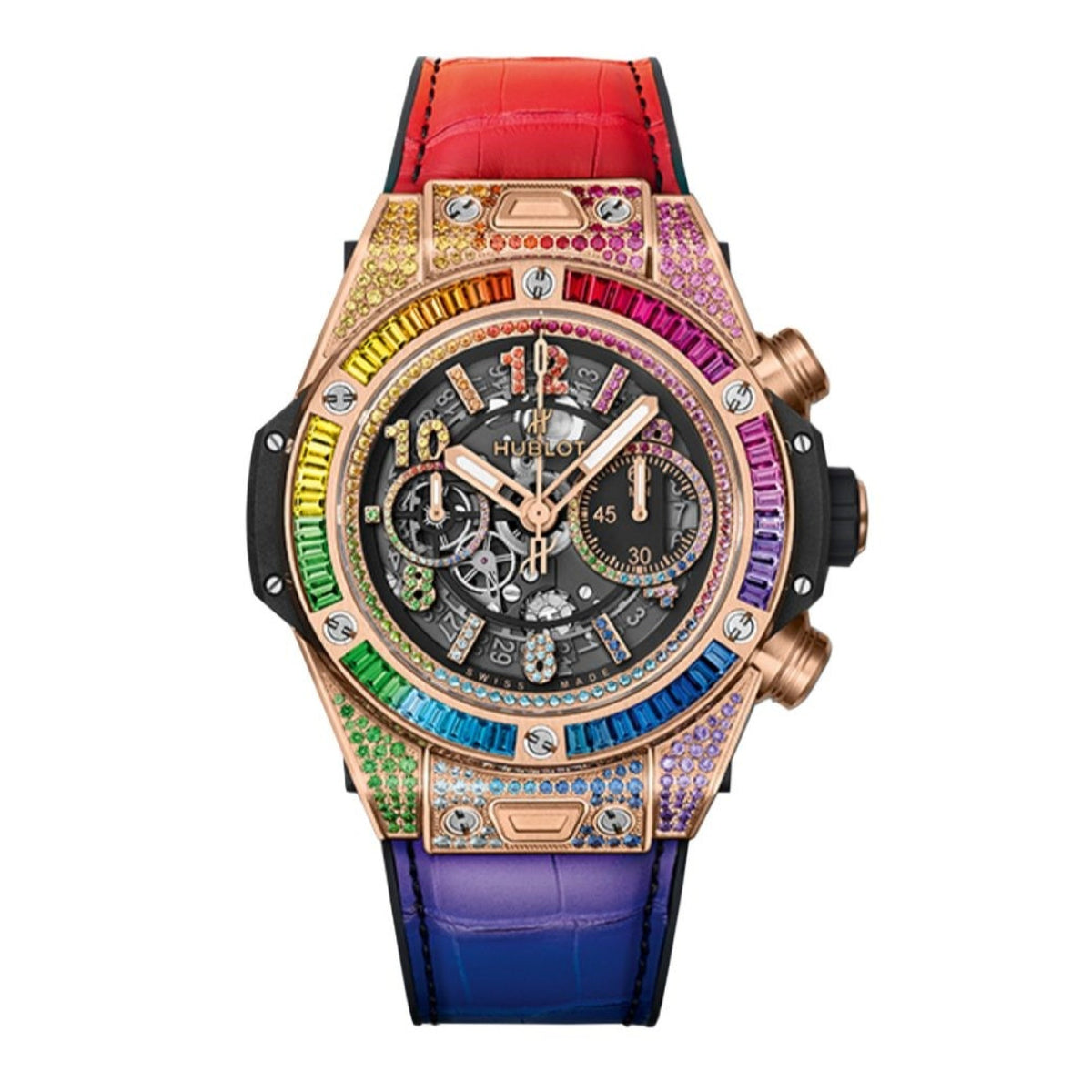 Hublot Men&#39;s 411.OX.9910.LR.0999 Big Bang Unico Rainbow Chronograph Multi-color Rubber and Leather Watch