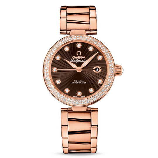 OMEGA De Ville Ladymatic 34mm – 18K Red Gold, Diamond Bezel, Brown Dial