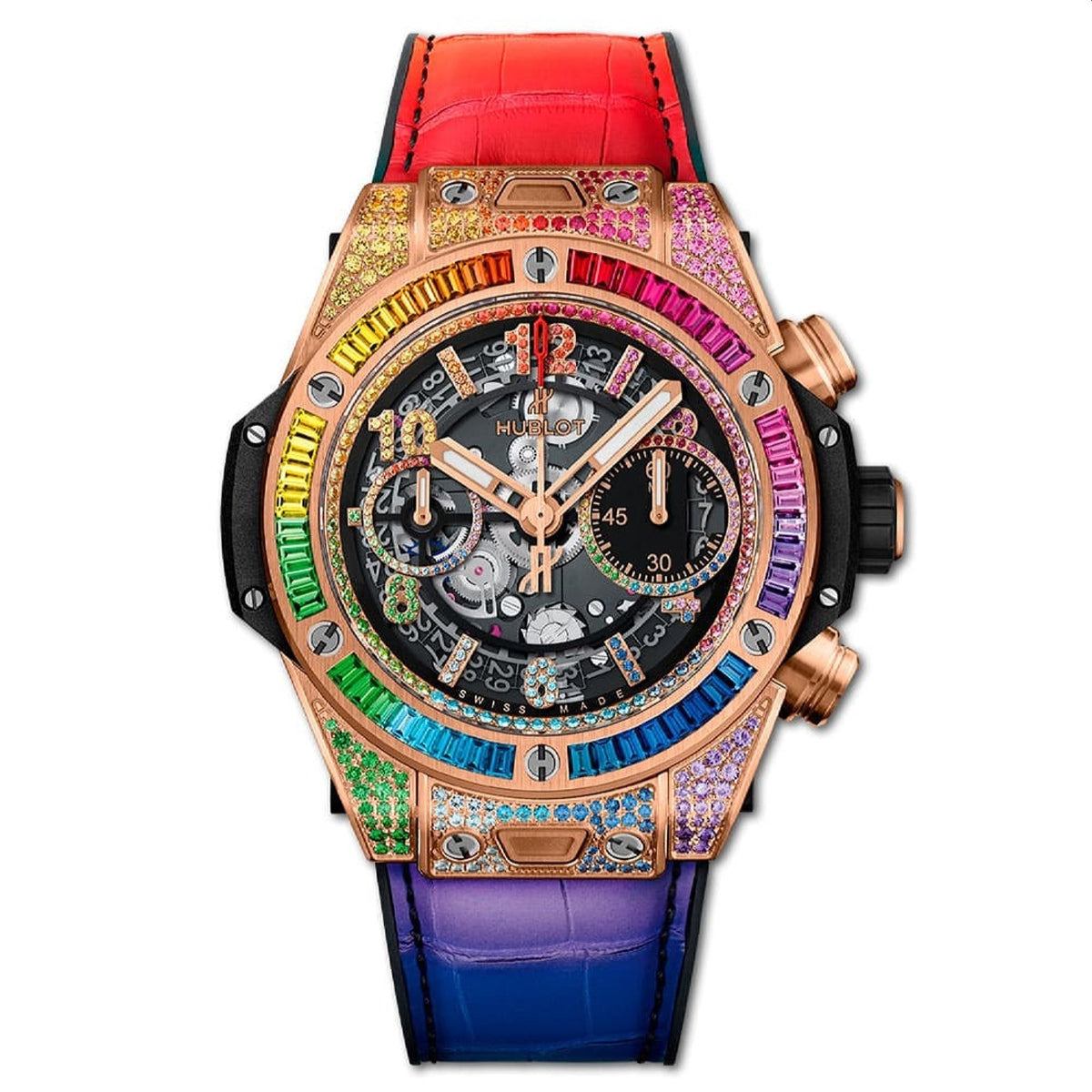 Hublot Men's 441.OX.9910.LR.0999 Big Bang Unico King Gold Rainbow Chronograph Multi-color Rubber and Leather Watch