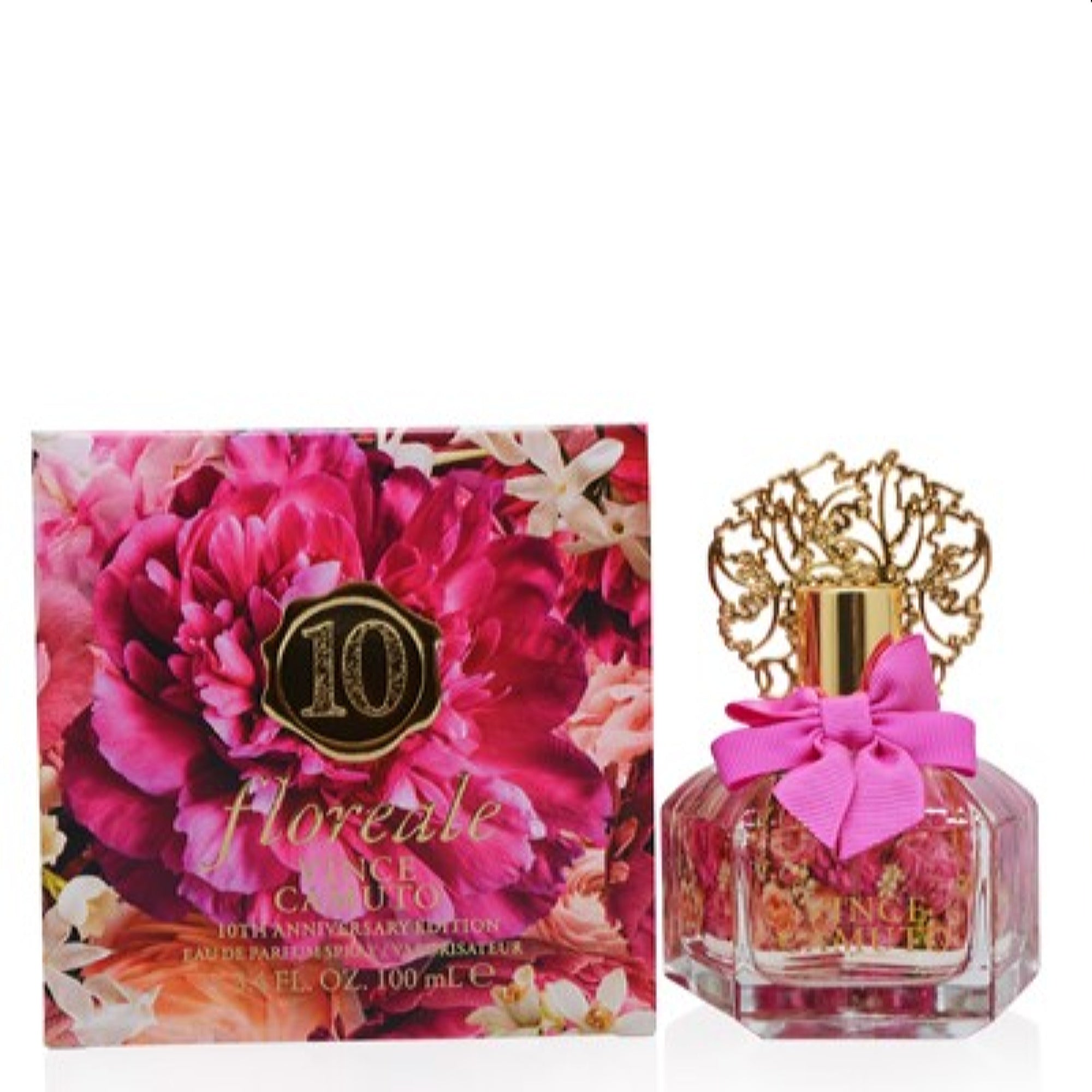 Vince Camuto Perfume Bottle Vintage Floral Gold Tone Lid -  in