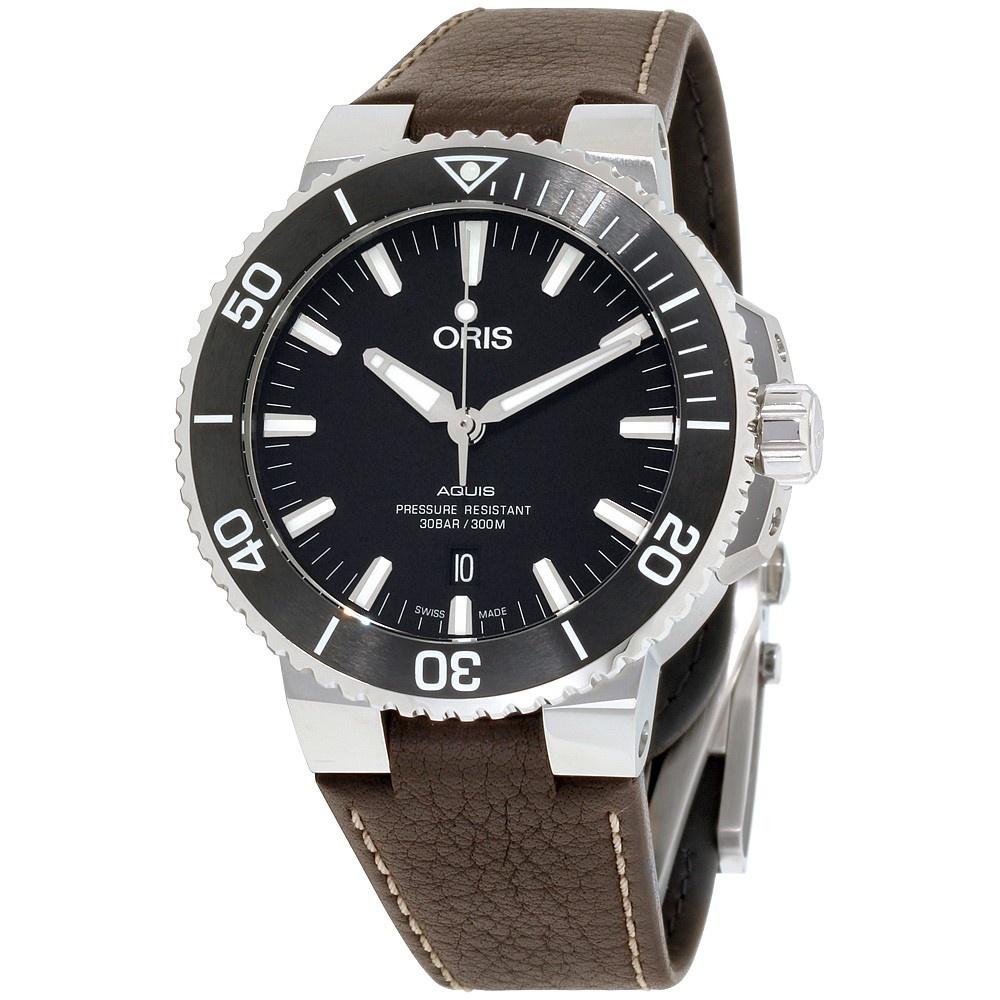 Oris Men's 73377304154LSBRN Aquis Brown Leather Watch