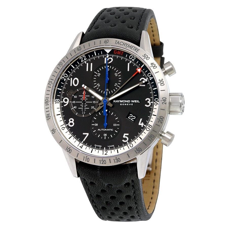 Raymond Weil Men&#39;s 7754-TIC-05209 Freelancer Chronograph GMT Automatic Black Leather Watch