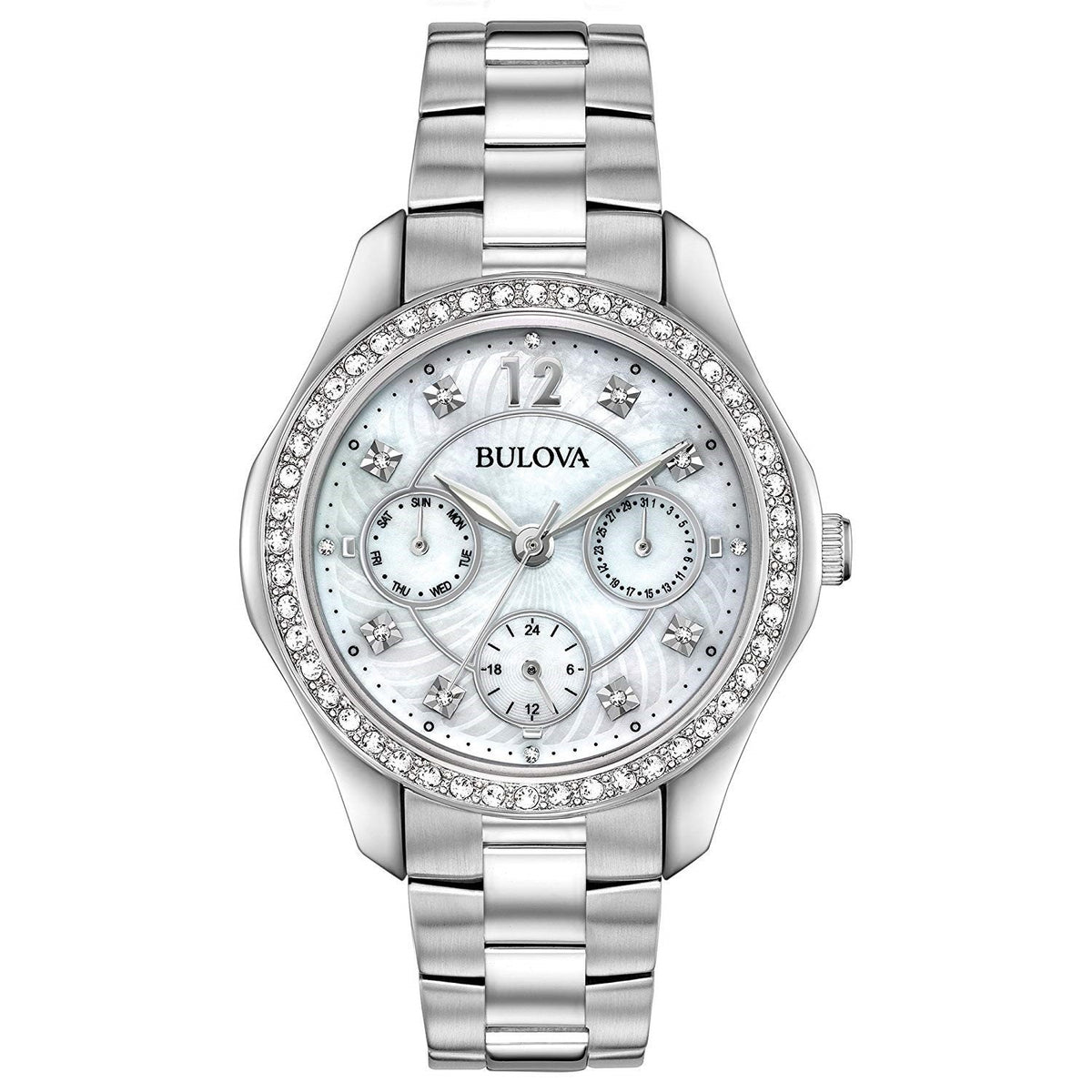 Bulova Women&#39;s 96N111 Crystal Mother of Pearl Multi-Function Diamond Stainless Steel Watch
