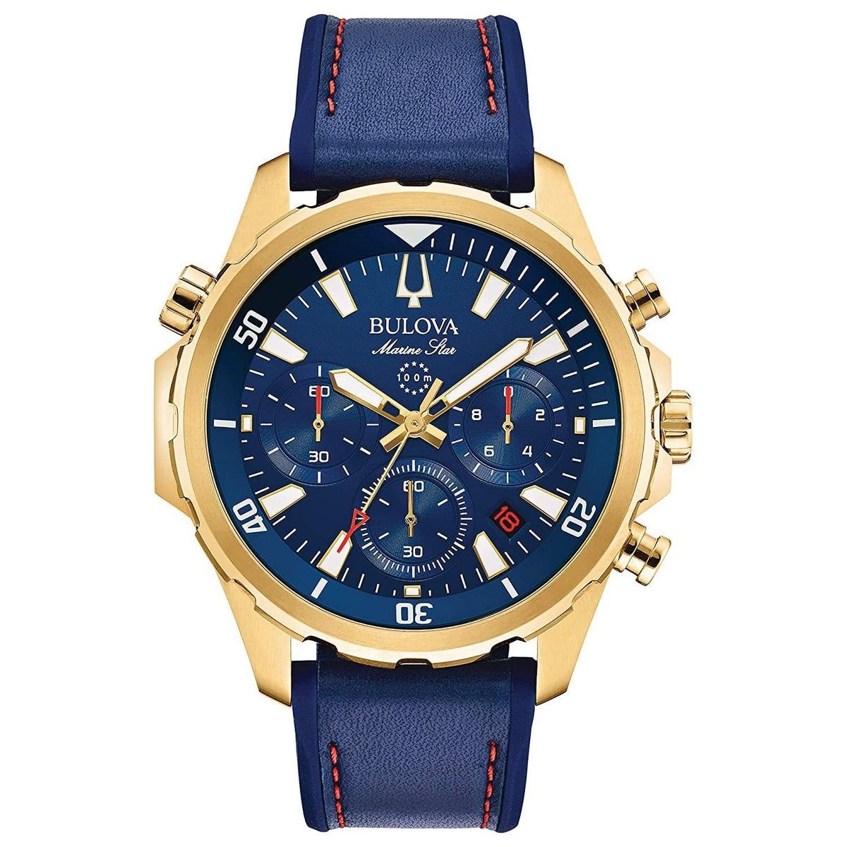 Bulova Men&#39;s 97B168 Marine Star Chronograph Blue Silicone with a Blue leather Inlay Watch