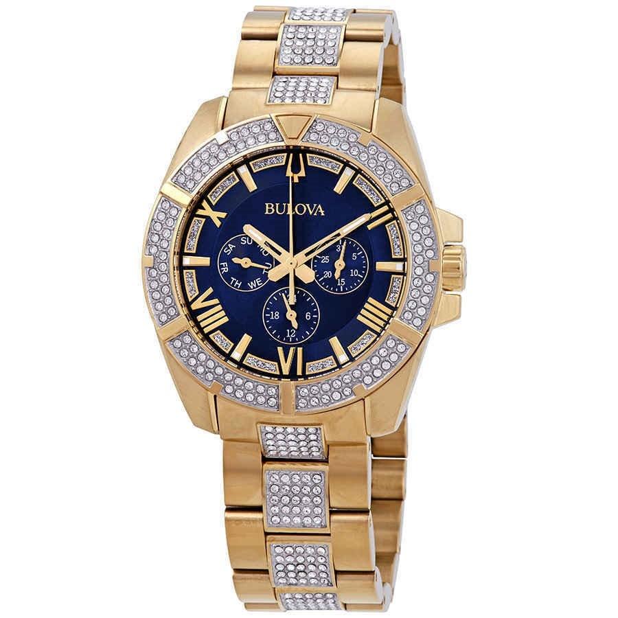 Bulova Men&#39;s 98C128 Crystal Crystal Pave Gold-Tone Stainless Steel with Sets of Crystal Watch