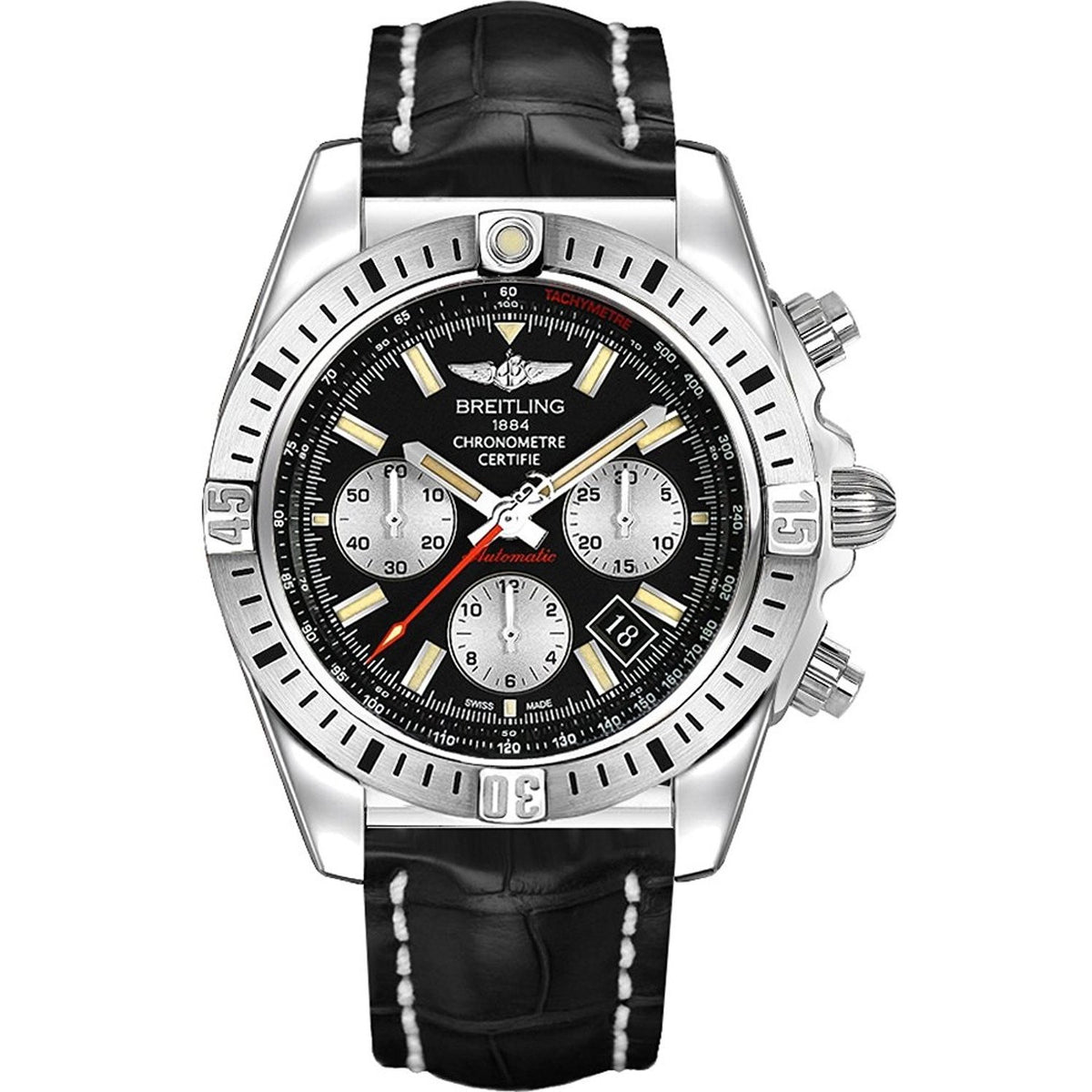 Breitling Men&#39;s AB01154G-BD13-744P Chronomat 44 Chronograph Black Leather Watch