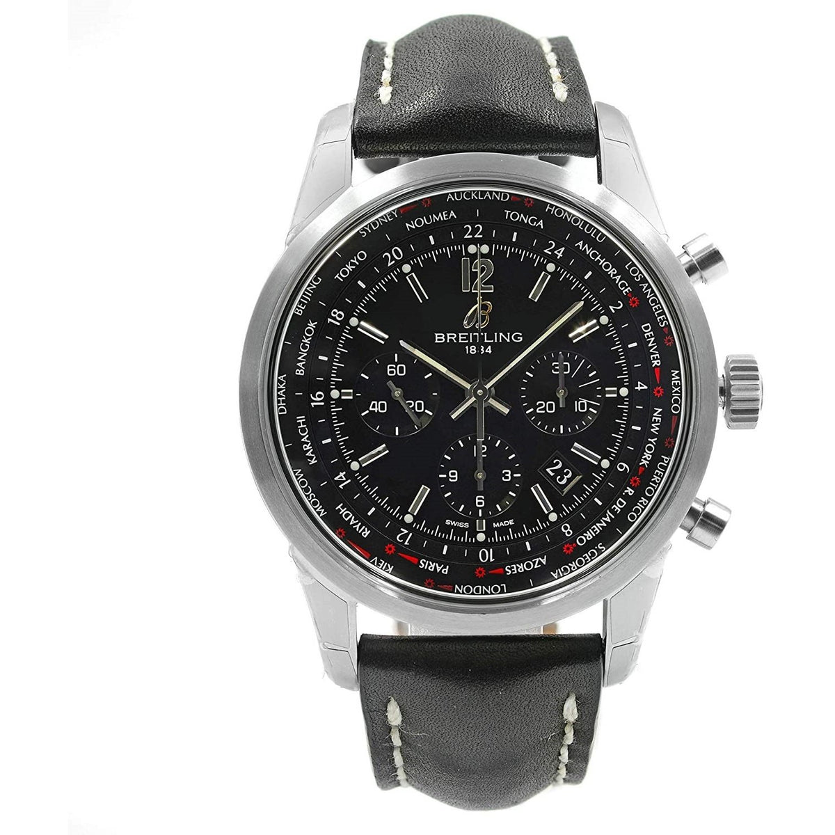 Breitling Men's AB0510U6-BC26-441X Transocean Chronograph Unitime Pilot Chronograph Black Leather Watch