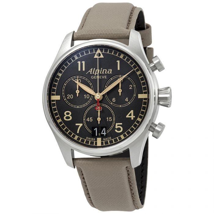 Alpina Men&#39;s AL-372BGR4S6 Startimer Pilot Chronograph Brown Cordura Fabric Watch