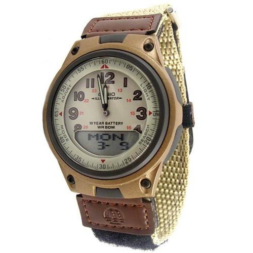 Casio Men&#39;s AW-80V-5BV World Time Analog-Digital Brown Cloth Watch