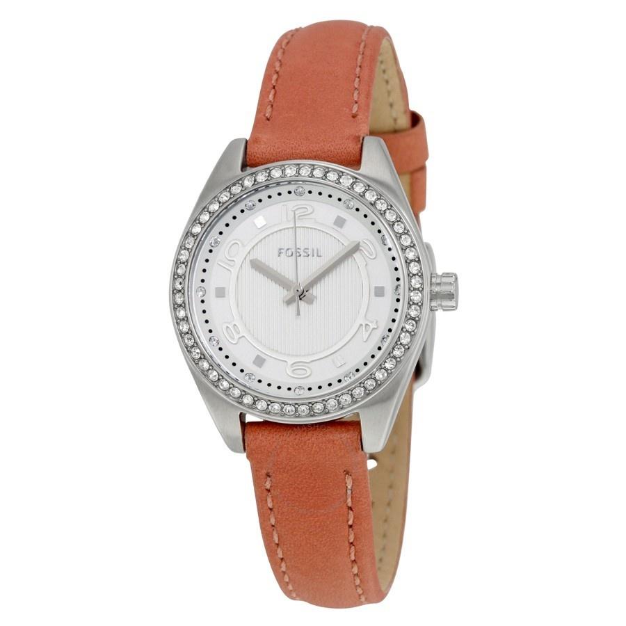 Fossil Women's BQ1225 Dusty Rose Crystal Brown Leather Watch