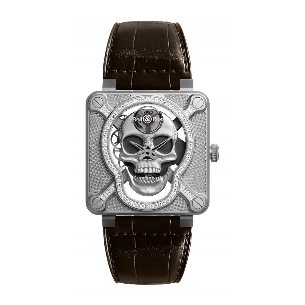 Bell & Ross Men's BR01-SKULL-SK-LGD Aviation Instruments  Brown Leather Watch