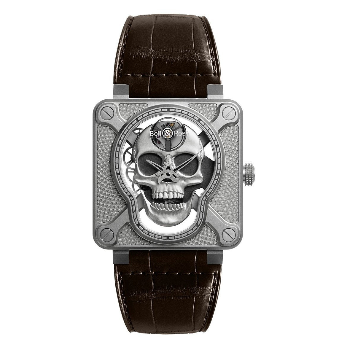Bell & Ross Men's BR01-SKULL-SK-ST Aviation Instruments  Brown Leather Watch