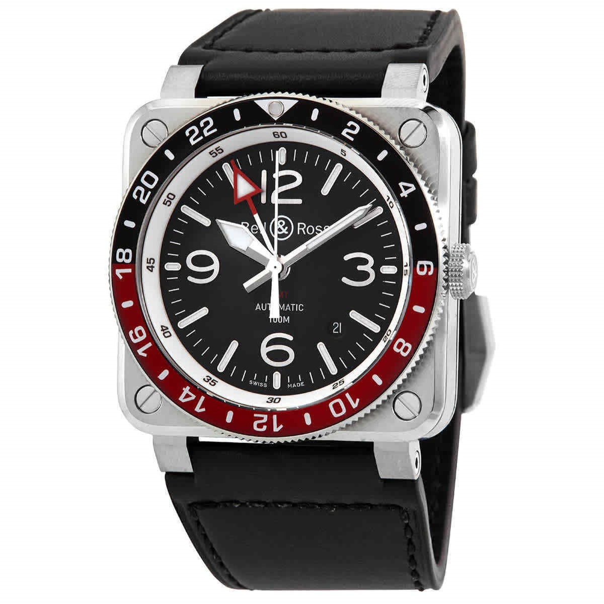 Bell & Ross Men's BR0393-BL-ST-SCA BR03 GMT Black Leather Watch