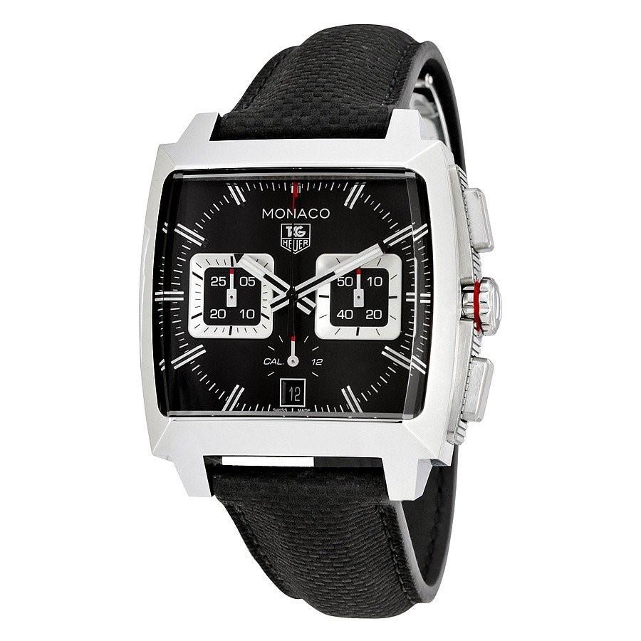 Tag Heuer Men&#39;s CAL2113.FC6536 Monaco Chronograph Black Leather Watch
