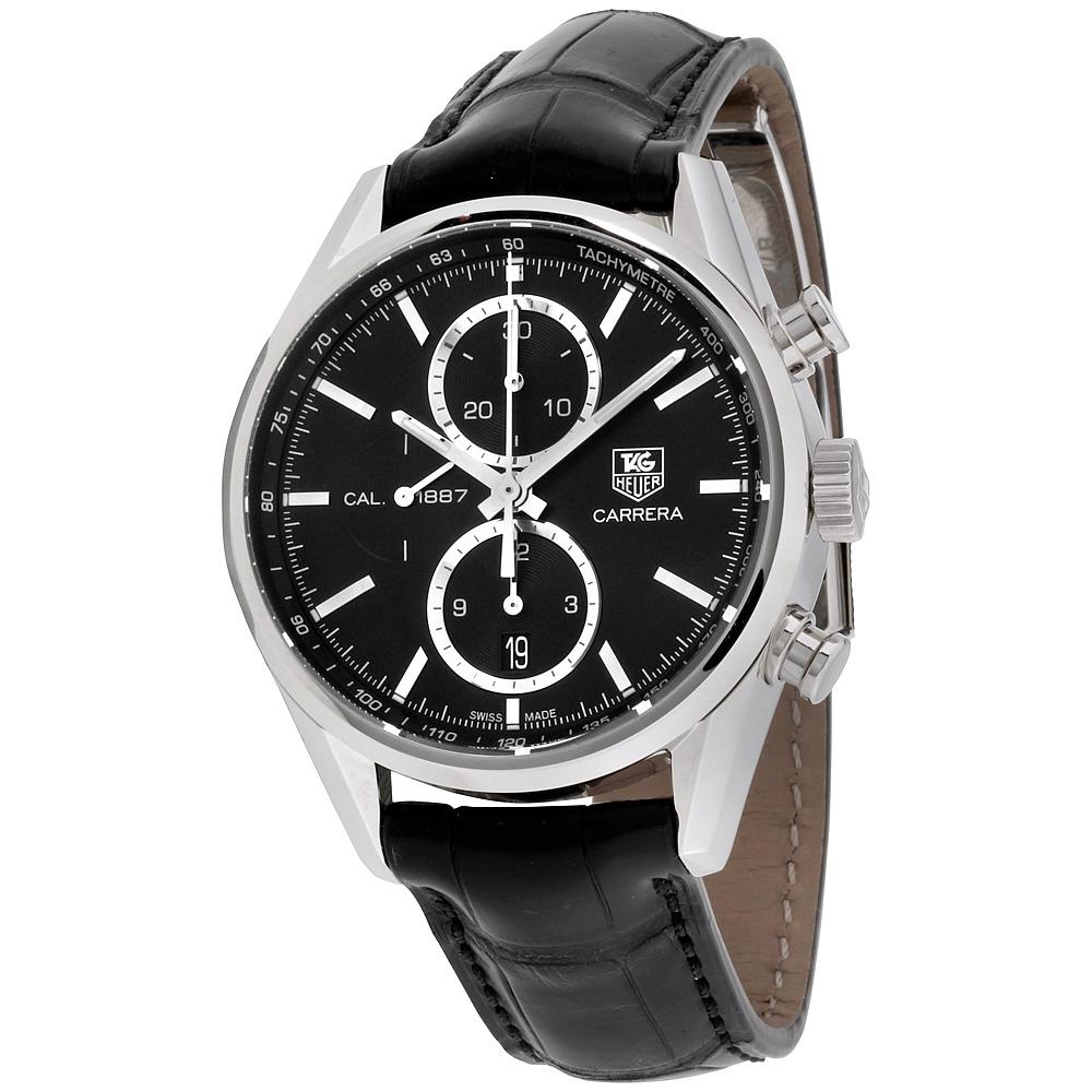 Tag Heuer Men&#39;s CAR2110.FC6266 Carrera Automatic Chronograph Black Leather Watch