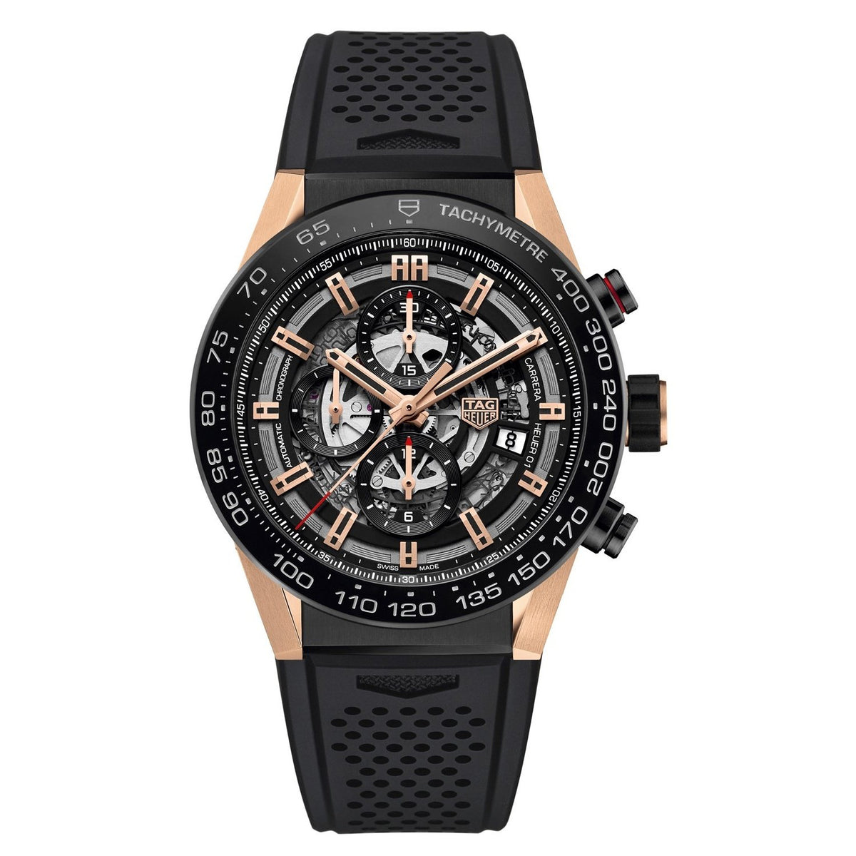 Tag Heuer Men&#39;s CAR2A5A.FT6044 Carrera 18 Carat Rose Gold Chronograph Automatic Black Rubber Watch