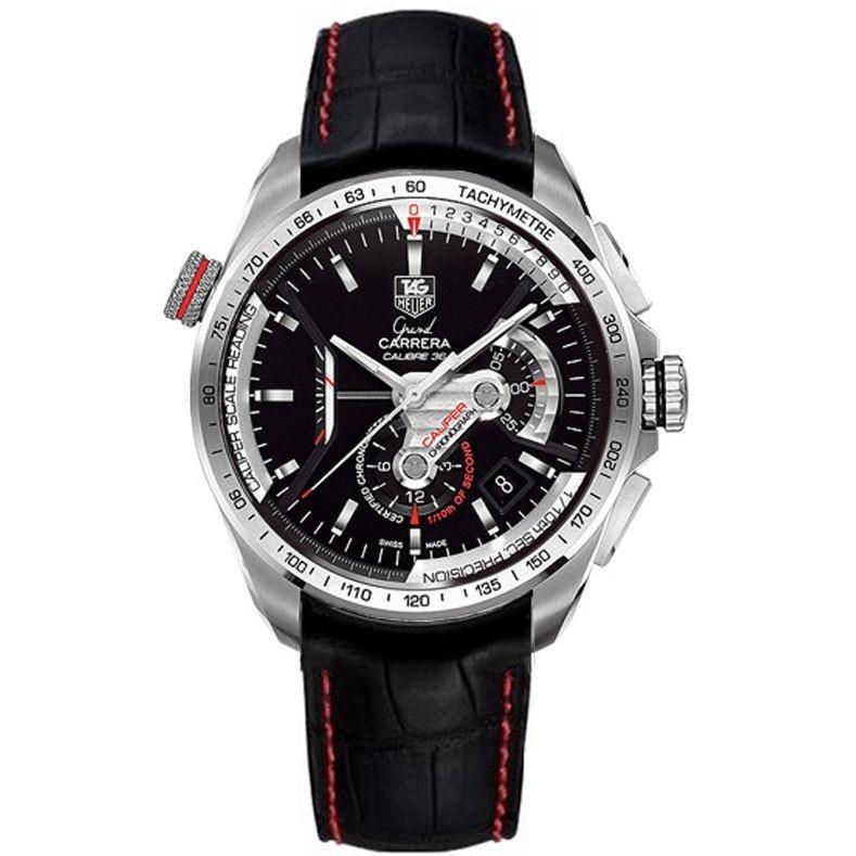 Tag Heuer Men&#39;s CAV5115.FC6237 Grand Carrera Chronograph Black Leather Watch