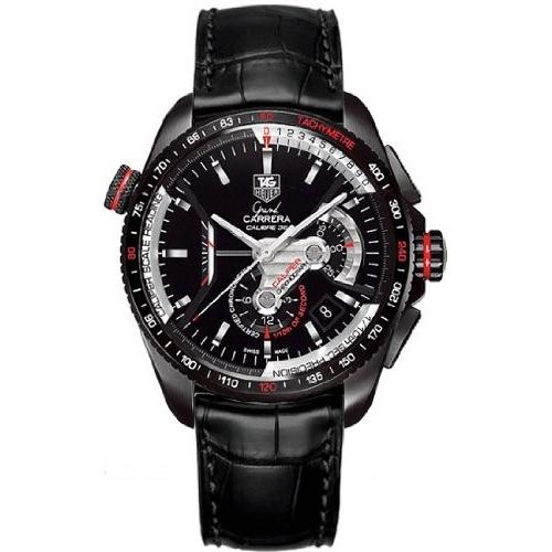 Tag Heuer Men&#39;s CAV5185.FC6257 Grand Carrera Chronometer Automatic Black Leather Watch
