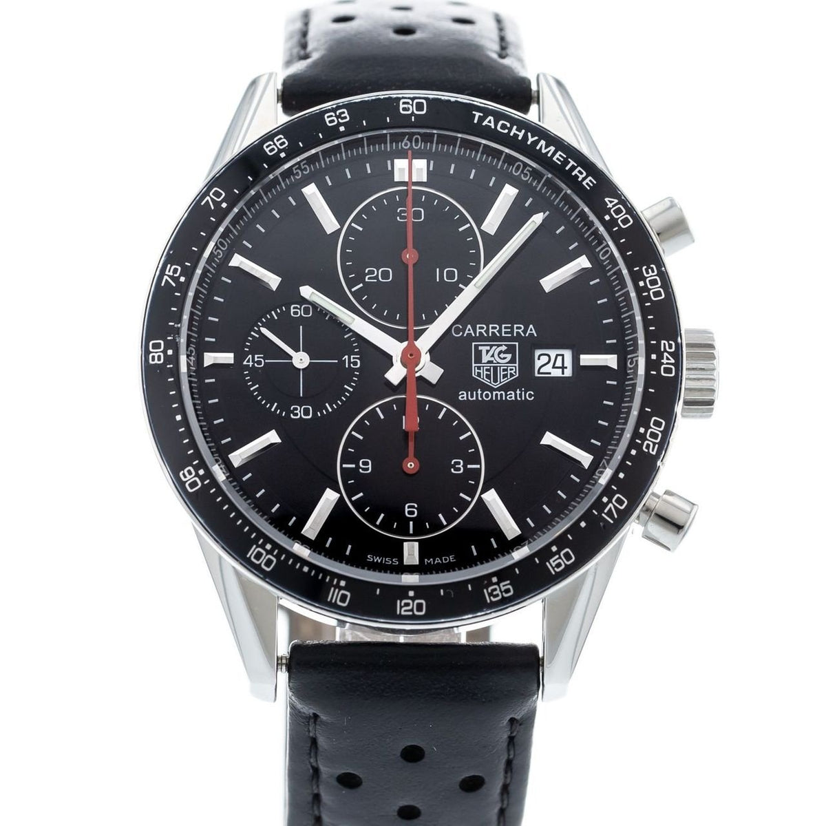 Tag Heuer Men&#39;s CV2014.FC6233 Carrera Chronograph Black Leather Watch