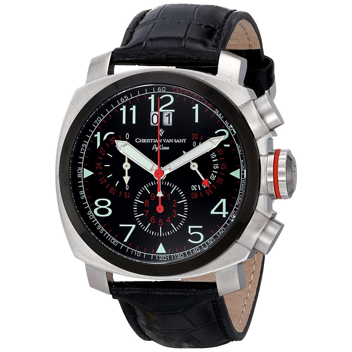 Christian Van Sant Men's CV3AU2 Grand Python Chronograph Black Leather Watch