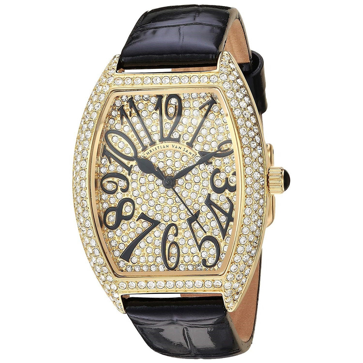 Christian Van Sant Women&#39;s CV4820 Elegant Crystal Set Black Leather Watch