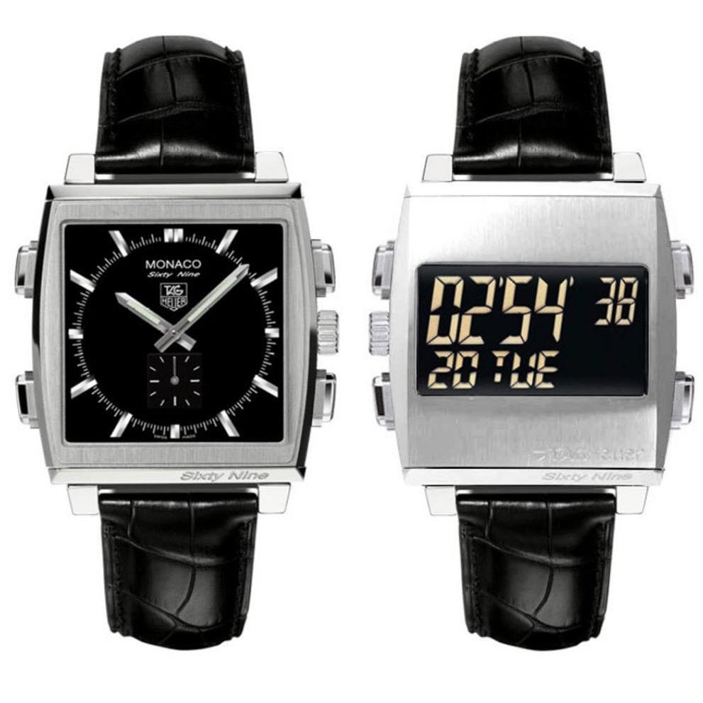 Tag Heuer Men&#39;s CW9110.FC6177 Monaco 69 Analog-Digital Flip Reversible Dial Black Leather Watch