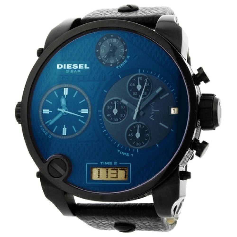 Diesel Men's DZ7127 SBA Chronograph Iridescent Dial 4 Time Zones Digital Black Leather Watch