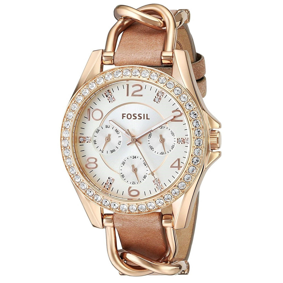 Fossil Women's ES3466 Riley Multi-Function Crystal Brown Leather Watch