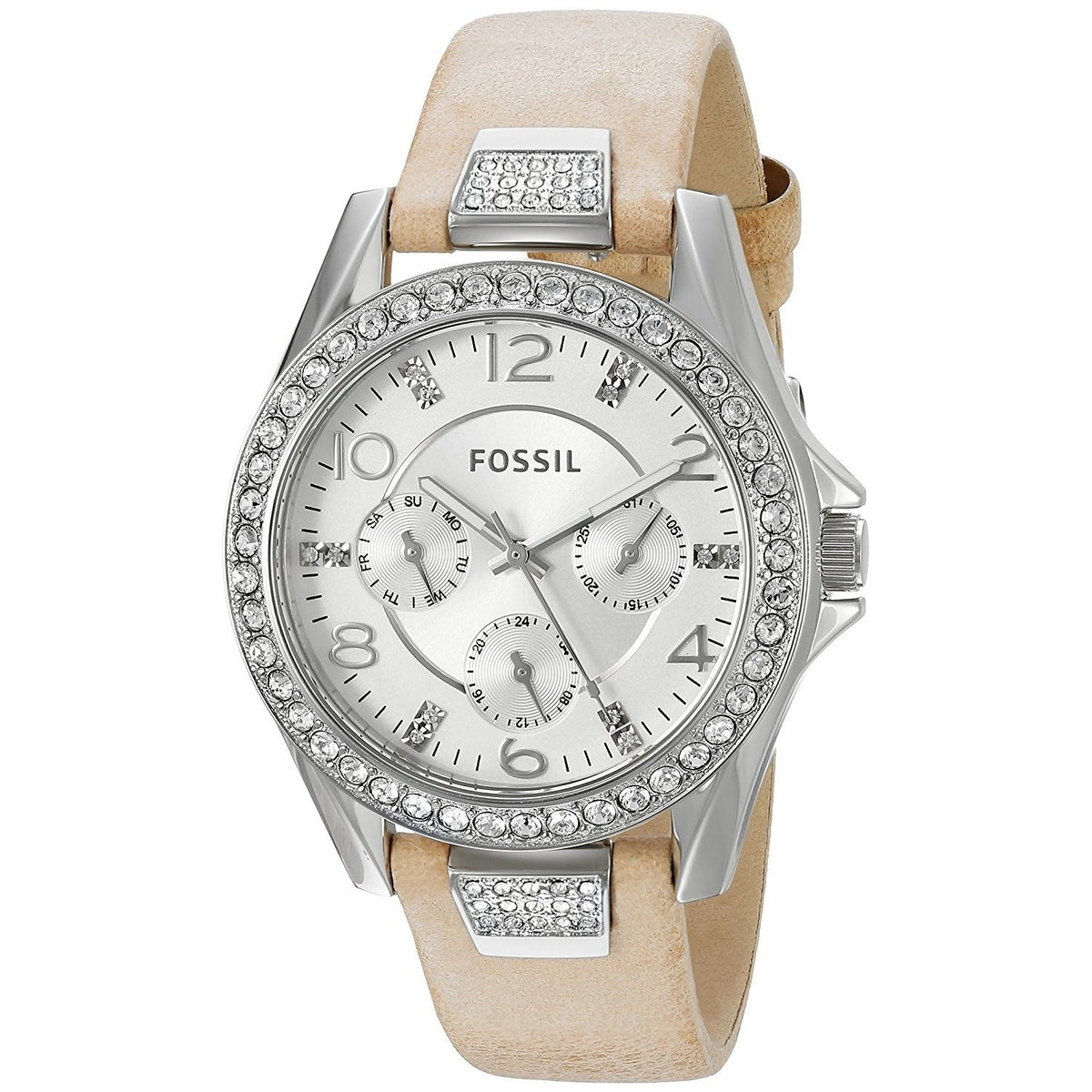 Fossil Women's ES3889 Riley Multi-Function Crystal Brown Leather Watch