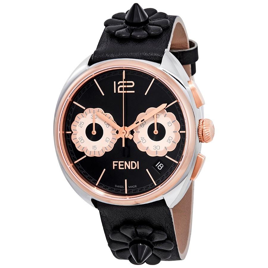 Fendi Women's F235211411 Momento Flowerland Chronograph Black Leather Watch