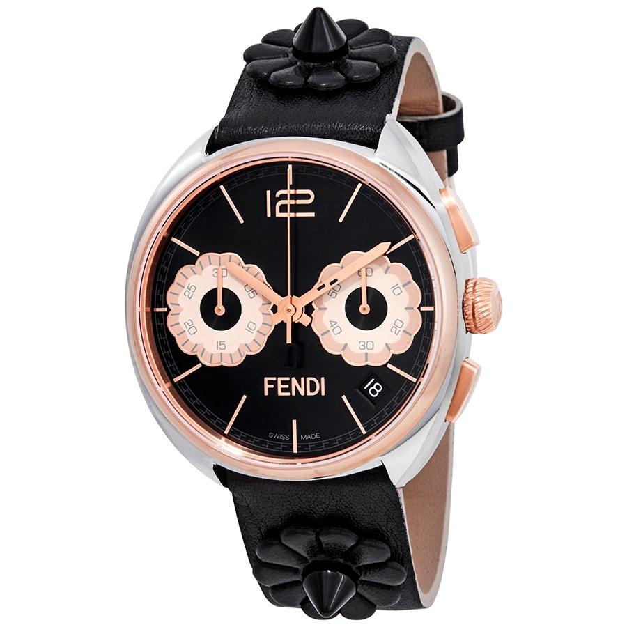 Fendi Women&#39;s F235211411 Momento Flowerland Chronograph Black Leather Watch