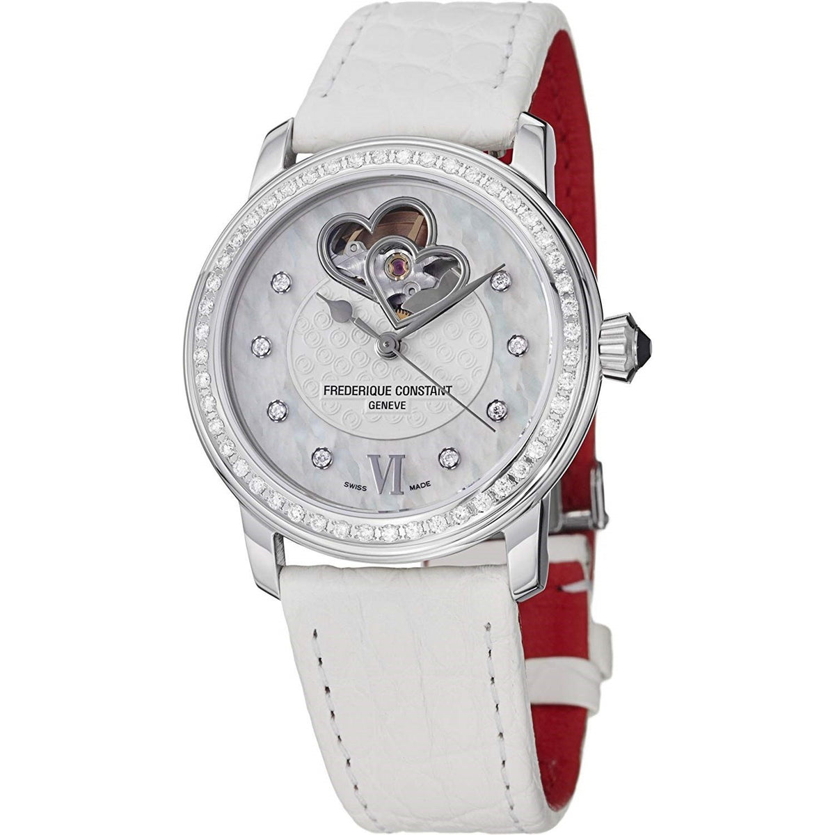 Frederique Constant Women&#39;s FC-310WHF2PD6 Heart Cut-Out White Leather Watch
