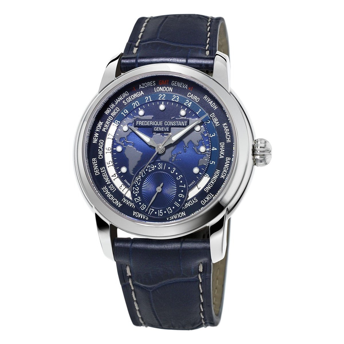 Frederique Constant Men&#39;s FC-718NWM4H6 Worldtimer Blue Leather Watch