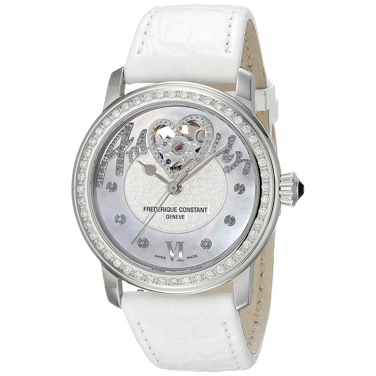 Frederique Constant Women's FC310SQ2PD6 Double Heart Beat Diamond White Leather Watch