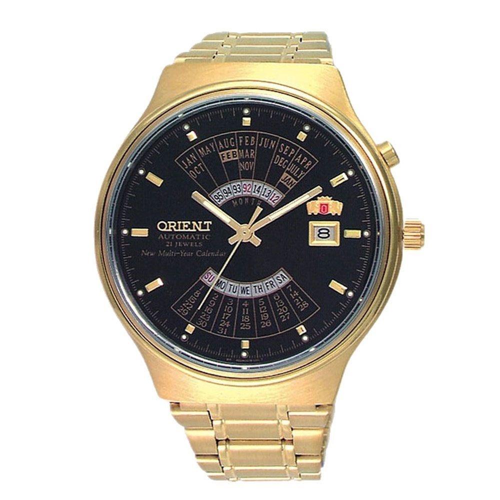 Orient Men&#39;s FEU00008BW Perpetual Calnedar World Time Automatic Gold-Tone Stainless Steel Watch