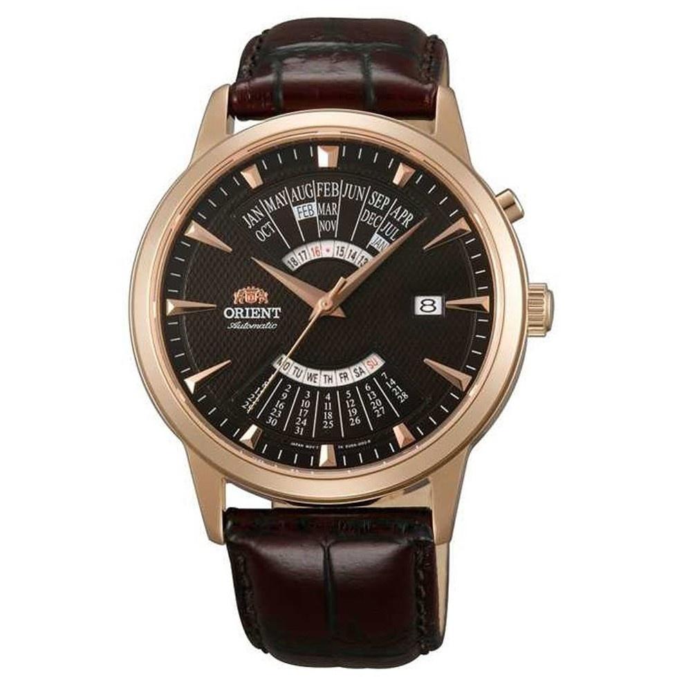 Orient Men&#39;s FEU0A001TH Perpetual Calendar GMT World Time Brown Leather Watch