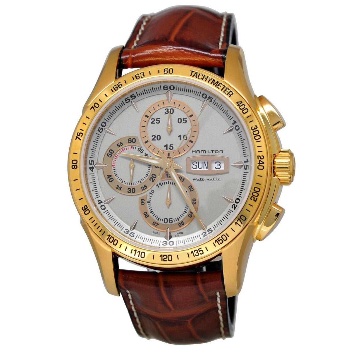 Hamilton Men&#39;s H32836551 Jazzmaster Lord Chronograph Automatic 18kt Yellow Gold Brown Leather Watch