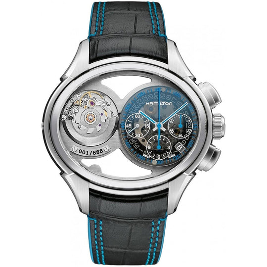 Hamilton Men's H32856705 Jazzmaster Face 2 Face Chronograph Automatic Skeleton Rotating Dual Dial Black Leather Watch