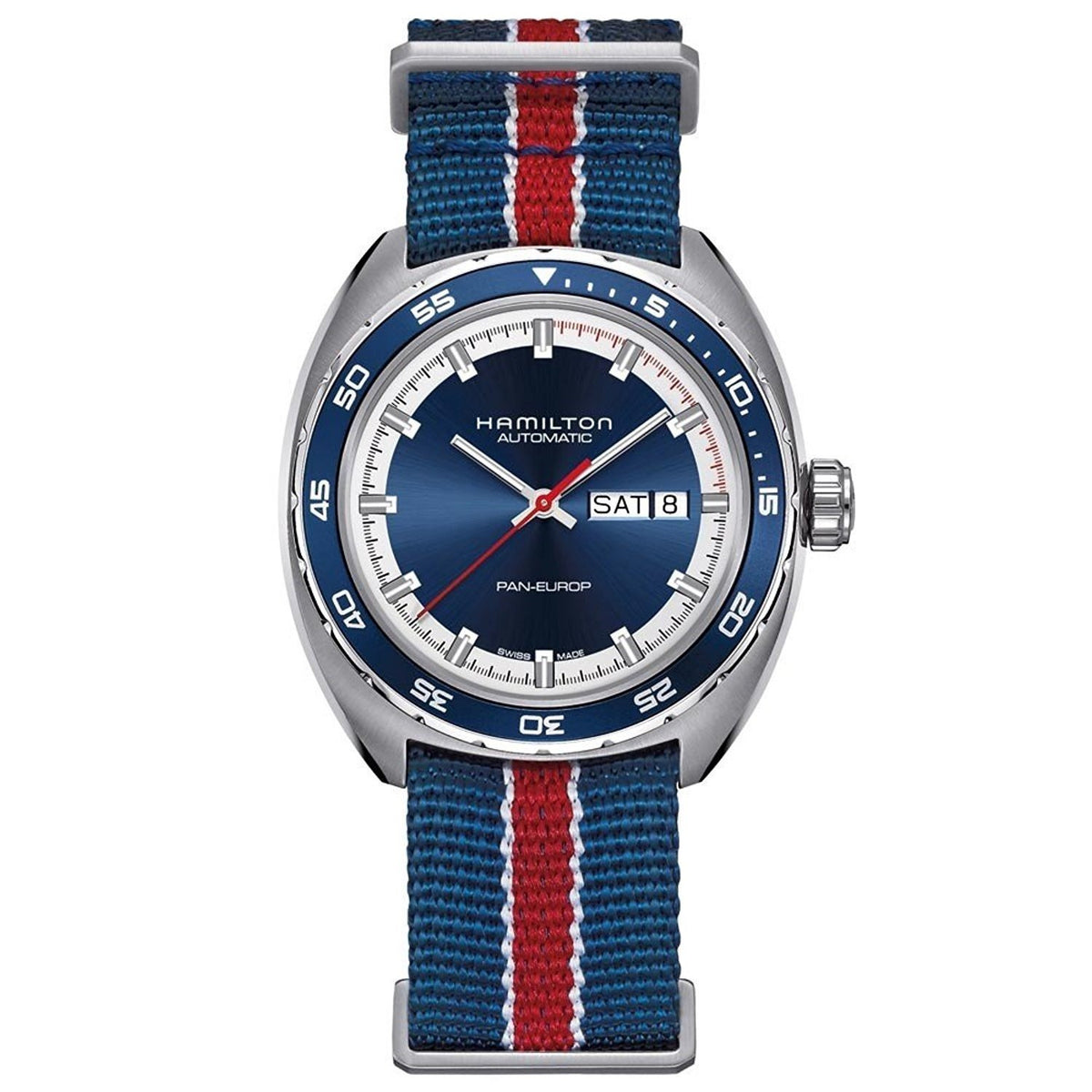 Hamilton Men&#39;s H35405741 Timeless Pan Europ Automatic Two Bands Blue red and black Canvas and leather Watch